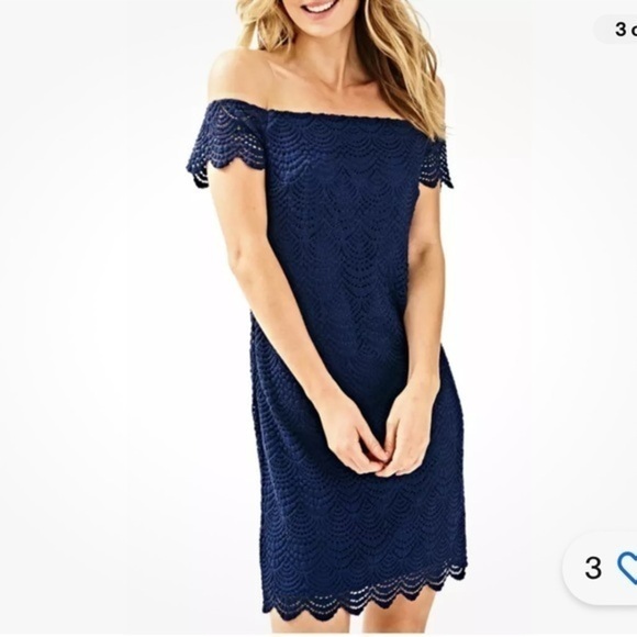 Lilly Pulitzer Jade Dress Sz L Navy Off Shoulder Lace Beach Resort Cocktail - Picture 1 of 15